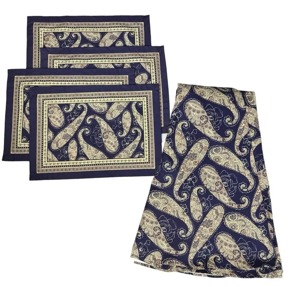 Zina Vasi Navy Paisley Cotton Placemats Tablecloth Set Of 5 90 Round Table Decor